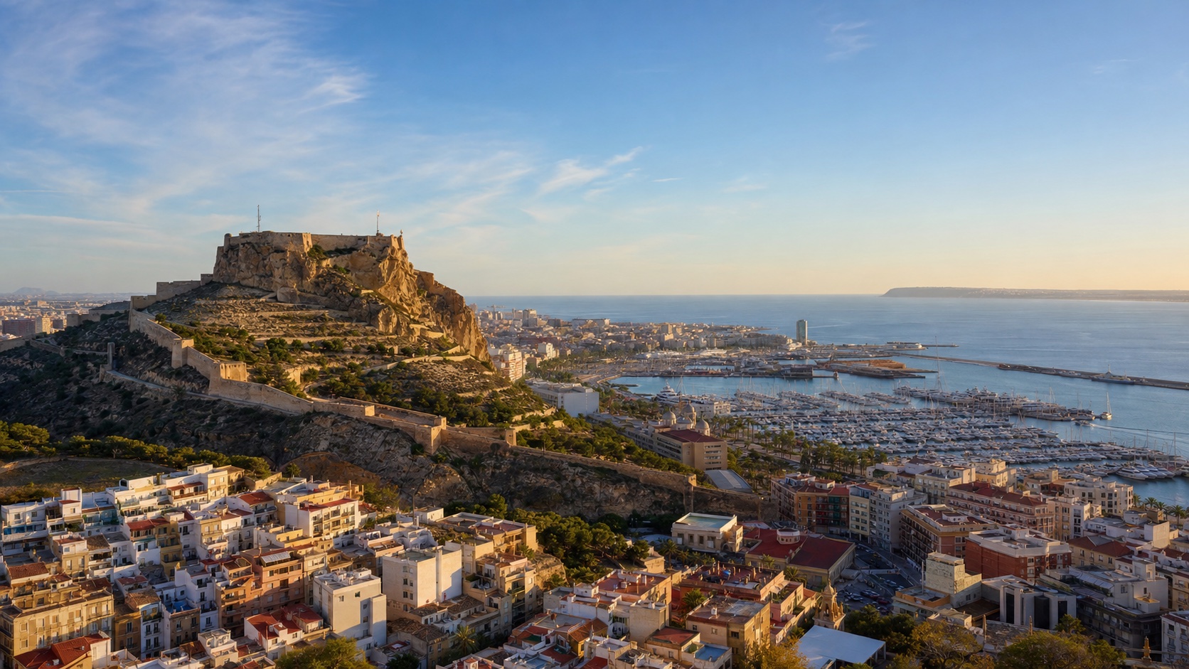 Ciudad de Alicante, castillo de Santa Bárbara y puerto deportivo junto al Mediterráneo