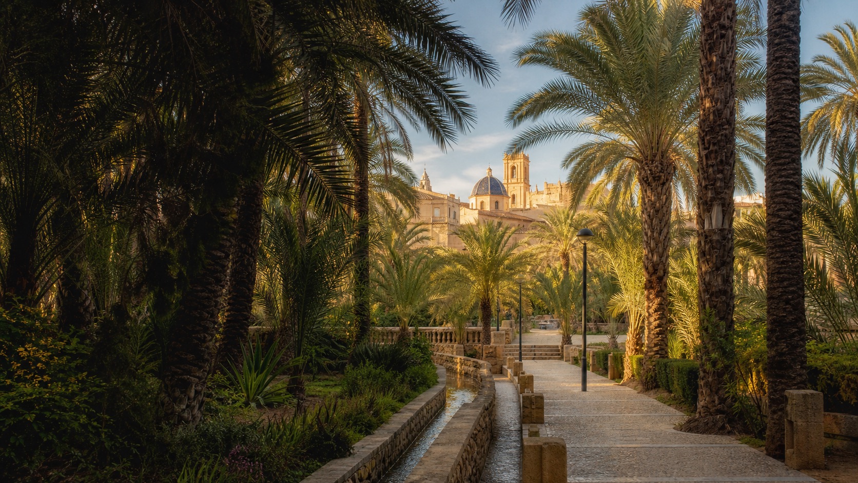 Sendero histórico entre las palmeras del Palmeral de Elche con el casco antiguo al fondo