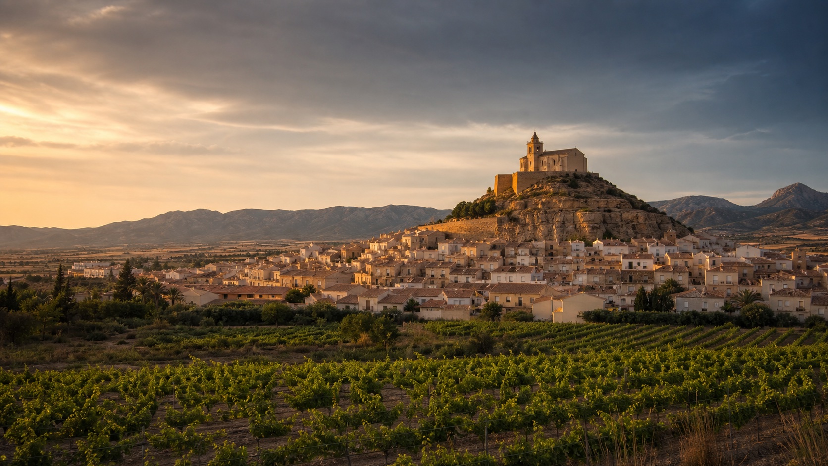 Monforte del Cid, iglesia y paisaje de viñedos