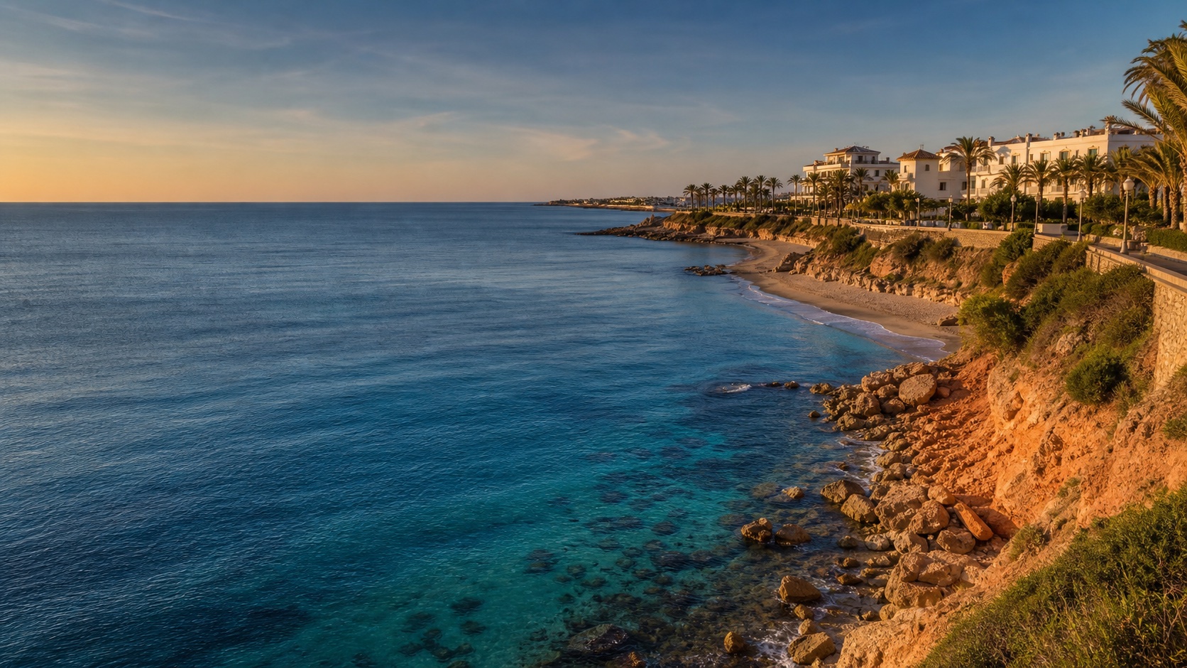 Playa de Punta Prima, paseo con palmeras y bahía mediterránea